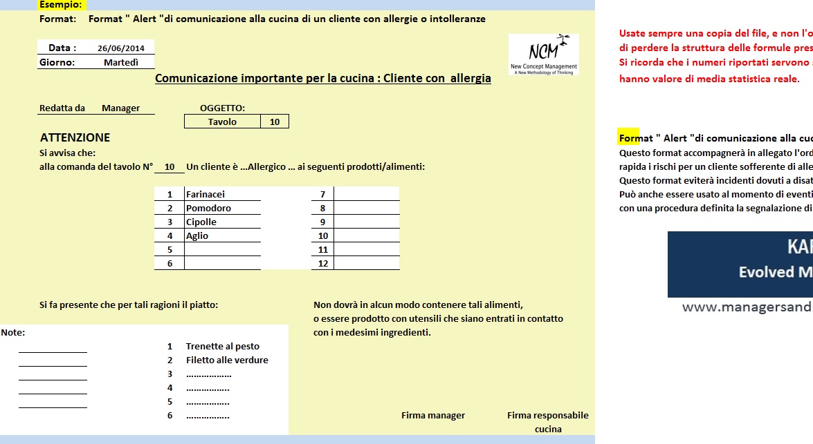 Alert comunicazione alla cucina di un cliente con allergie