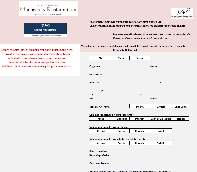 Template raccolta dati per creazione inviti o mailing list